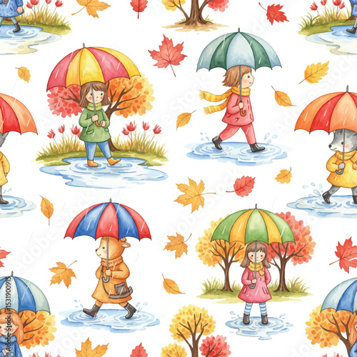Rainy Autumn Day Kids and Animals Seamless Pattern, Watercolor Children with Umbrellas Fall Background