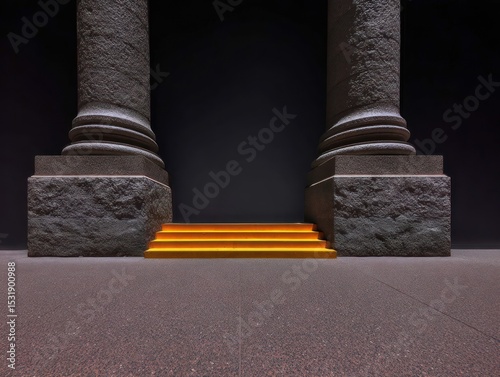 Dark, imposing columns flank a set of vibrant yellow steps