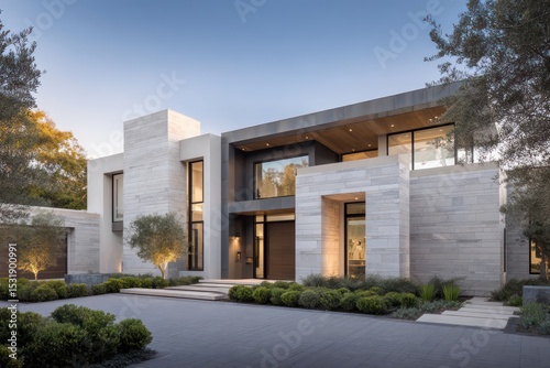 A contemporary suburban home with combination of smooth, white stone charcoal metal cladding expansive front windows reflect warm