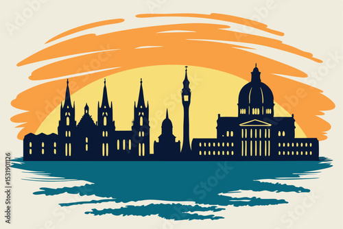 Skyline silhouette of city buildings with colorful sunset and water elements