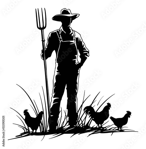 Silhouette of Farmer with Pitchfork Surrounded by Chickens in Field