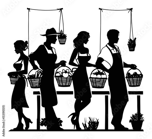Silhouette of Market Vendors with Baskets of Fresh Vegetables and Fruits