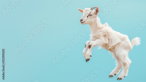 A playful white baby goat leaping against a light blue background.