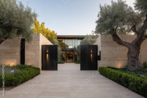 A contemporary villa entrance with sleek black steel gates, smooth travertine driveway leading to low-profile home sand-toned stone
