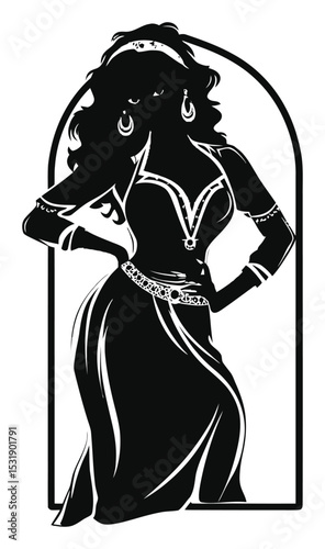 Elegant Silhouette of a Woman in Traditional Attire with Decorative Elements