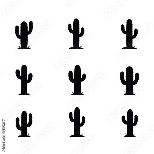 Nine cactus silhouettes desert plants icons set