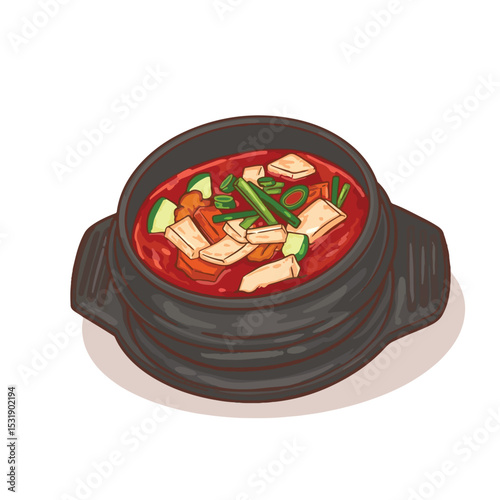 Illustration of Chinese hot pot with meat and vegetables on a white background