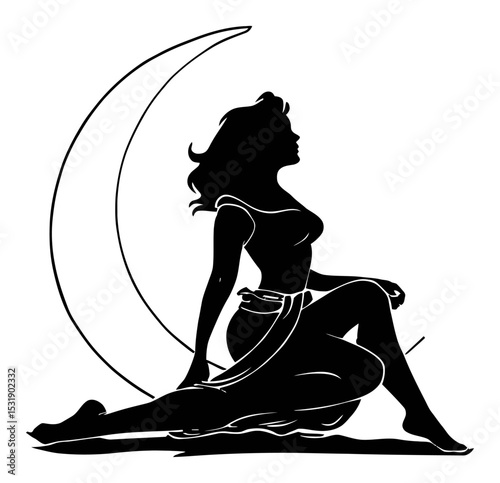 Elegant Silhouette of Woman Sitting Near Crescent Moon in Vector Art