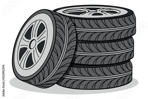 Stack of car tires ready for a vehicle automotive tire maintenance and repairs