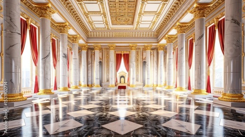 Opulent grand hall with marble columns, golden details and checkered floor design