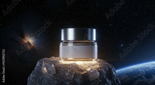 Luxury cosmetic jar on glowing cosmic rock with crystals and Earth view. Futuristic beauty product display, science-inspired skincare concept.