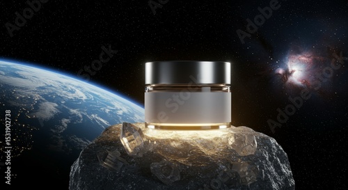 Luxury cosmetic jar on glowing cosmic rock with crystals and Earth view. Futuristic beauty product display, science-inspired skincare concept.