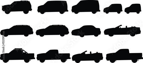 Vector illustration of diverse vehicle silhouettes including vans, cars, convertibles, SUVs, and pickup trucks in side view, ideal for automotive icons, signage, branding, and infographics