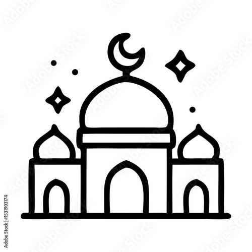 Symbol of Faith: A simple yet elegant illustration of a mosque, crowned with a crescent moon, sparkling stars, and encapsulating the essence of faith and spirituality.