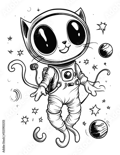 Cute Cat in Space Suit with Stars and Planets Illustration