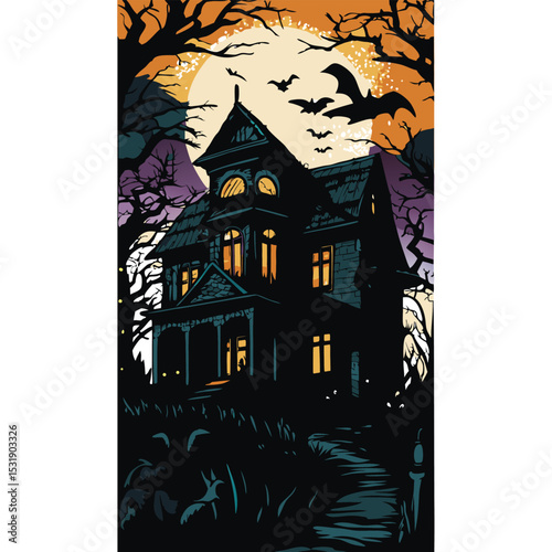 A stylized illustration of a dark, haunted house at night.