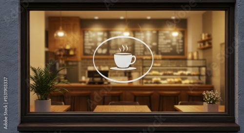 View through a cafe window featuring a coffee cup icon. Inside, a cozy interior with tables, chairs, counter, and pastries creates a warm, inviting...