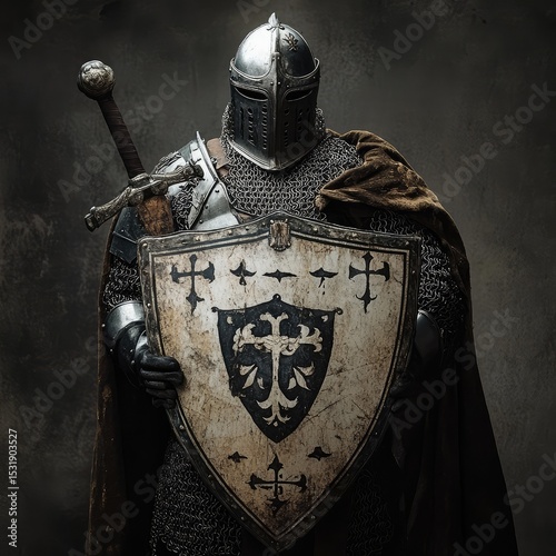 4. Medieval knight holding a shield decorated with a family crest. 