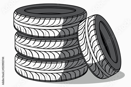 Stack of four tires with one tire leaning against the group vector illustration