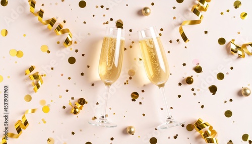Festive New Year's Eve Celebration with Champagne Glasses and Confetti