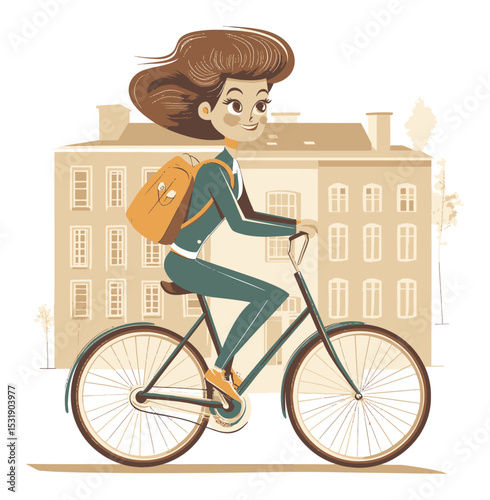 Young woman riding bicycle in urban setting vector cartoon illustration