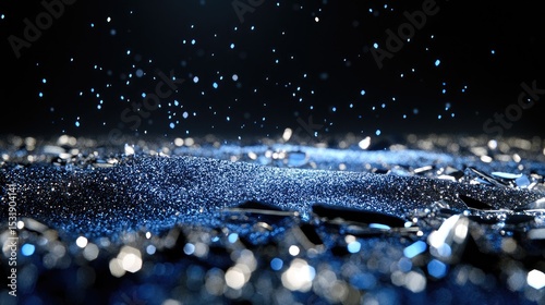 Dreamy glitter lights in silver and deep blue, softly glowing against darkness
