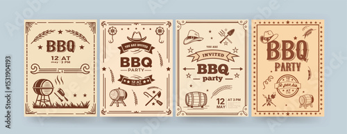 BBQ party time, grill party retro poster set. Vector modern illustrations of BBQ in nature