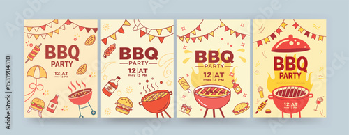 Flat Design BBQ Party Flyer Set with Grilled Food Icons, Bunting Flags, and Summer Elements – Fun Vintage Style Barbecue Invitation Posters for Outdoor Picnic Events