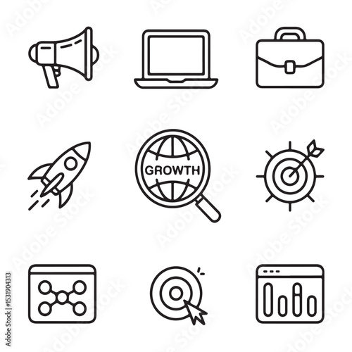 Business Growth Strategy Icons Marketing, Launch, and Target Achievement