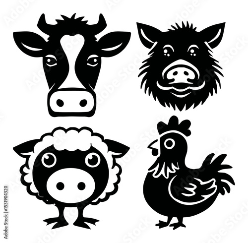 Cartoon Silhouette Illustrations of Farm Animals in Black and White Style