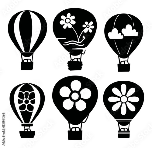 Colorful Cartoon Silhouettes of Hot Air Balloons with Floral Designs