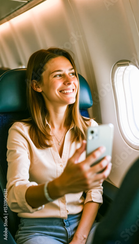 Young woman smiling while using smartphone on airplane