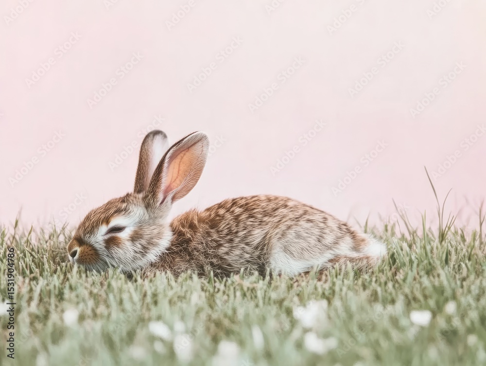 Fototapeta premium A rabbit stretched out in the grass, enjoying the sun, isolated on a soft pastel pink background