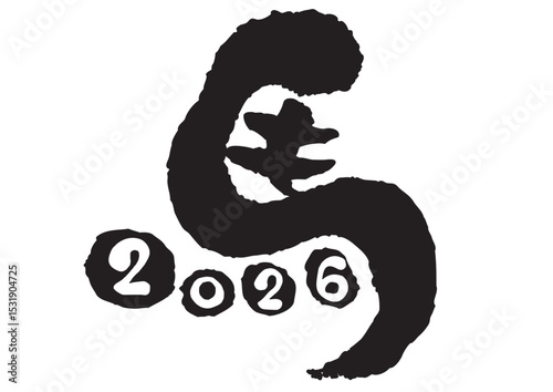 午年の馬の筆文字 2026の西暦入り 黒2