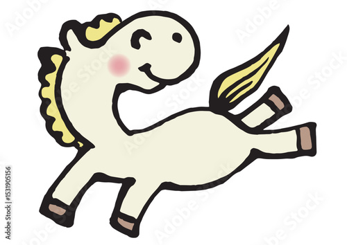 午年の年賀状に使える楽しそうな白馬の手描きイラスト1