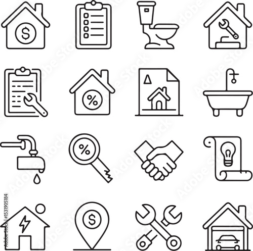 Real Estate and Home Repair Service Icons House, Repair, Checklist, Mortgage
