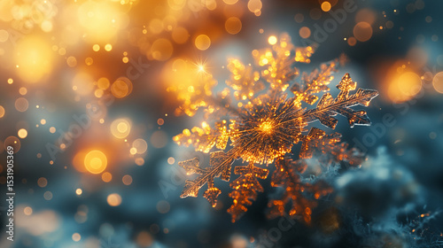 Golden Macro Sparkle. A crystalline snowflake glowing with golden bokeh lights. Ideal for seasonal greeting cards, festive winter campaigns, or holiday-themed digital backdrops.