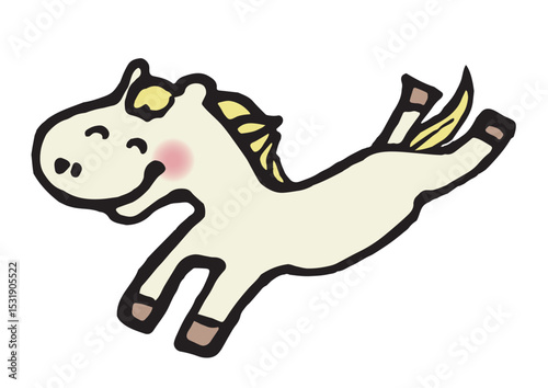 午年の年賀状に使える楽しそうな白馬の手描きイラスト2