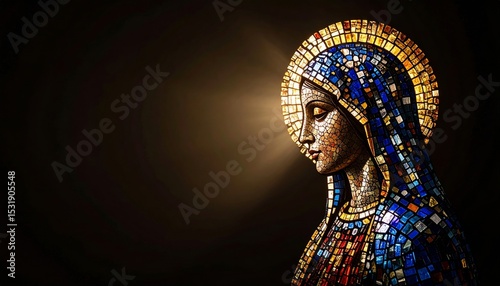 Stunning Stained Glass Mosaic Portrait of the Virgin Mary on Dark Background