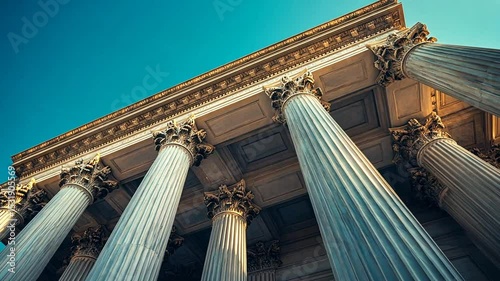 Majestic columns of a historic building under blue sky
