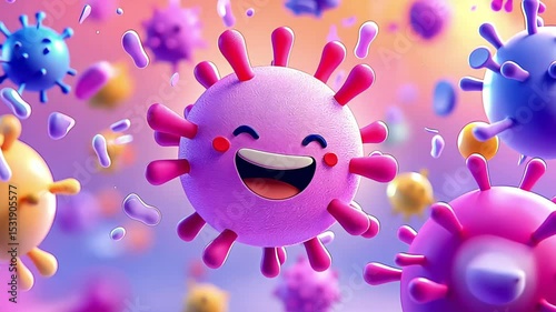 Cute, Friendly Cartoon Viruses and Bacteria Characters Smiling. Colorful, microscopic germs animation for kids or educational concepts