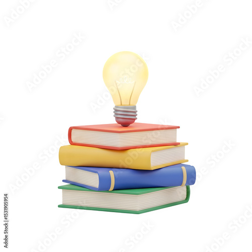 3D Knowledge Icon - Lightbulb on Stack of Books, Idea & Education Symbol, Learning Innovation Graphic, Isolated on Transparent Background PNG