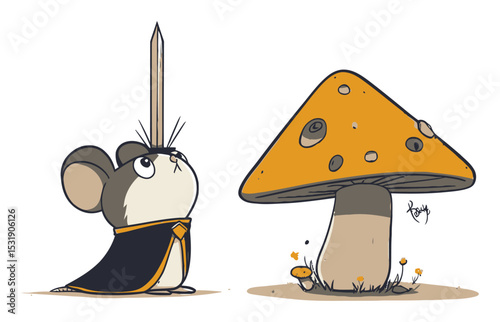 Brave Mouse Knight Facing Giant Mushroom in Whimsical Illustration