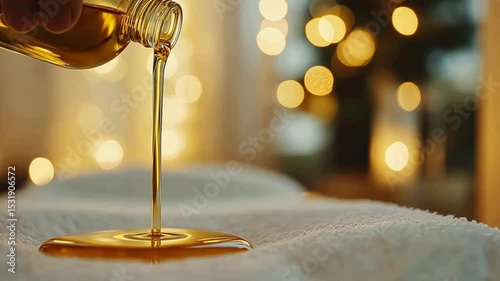 Golden Honey or Syrup Dripping on a Bed with Cozy Bokeh Lights. Abstract, sensory concept of sweetness, warmth, and comfort