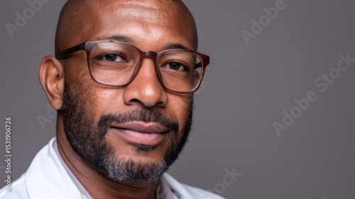 Studio headshot of African American doctor wearing glasses, neutral background.