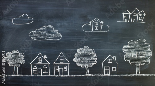 Whimsical chalkboard drawing of houses, trees, and clouds evokes childhood memories