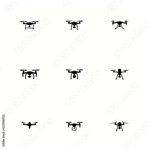 Nine drone silhouettes various positions aerial photography technology