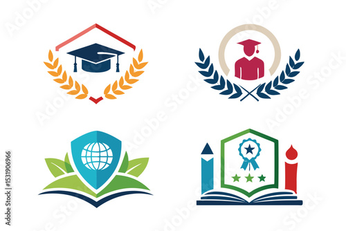 Education Logos Graduation Caps, Books, and Global Learning Icons