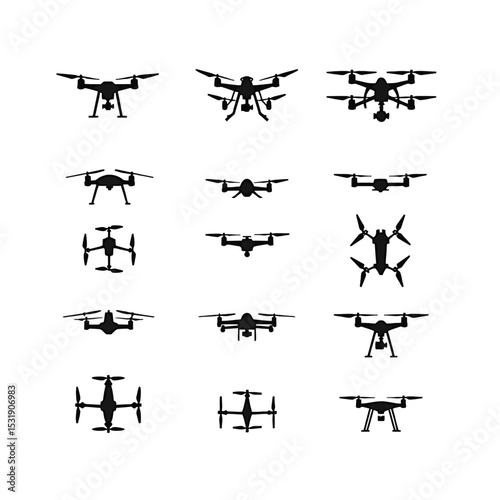 A dynamic set of aviation silhouettes featuring military helicopters, jets, and various aircraft for travel and transport
