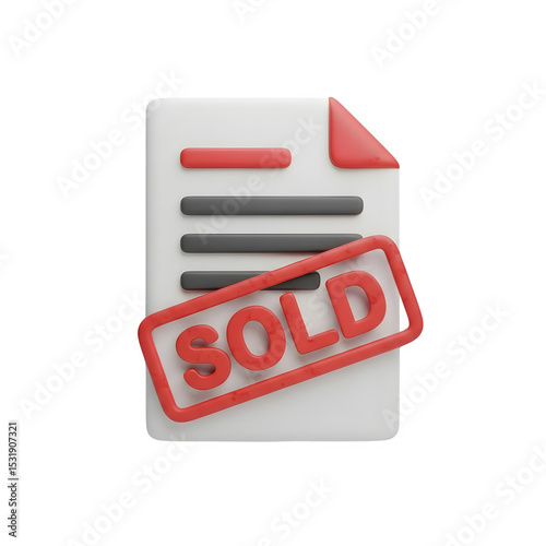 3D Sold Document Icon - Contract with Red Stamp, Real Estate & Sales Graphic, Isolated on Transparent Background PNG